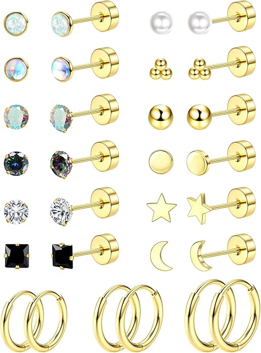 Jstyle Hypoallergenic Flat Back Stud Earrings for Women Men Surgical Stainless Steel Earrings for Sensitive Ears Small Stud Hoop Silver Gold Black Earrings Cartilage Earring Set for Multiple Piercing