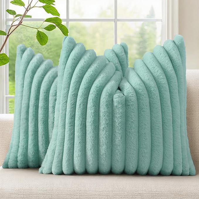 decorUhome Fall Faux Fur Throw Pillow Covers 18x18 Set of 2 Aqua | Decorative Soft Cozy Striped Plush Modern Farmhouse Boho Couch Pillow Cases Velvet Back for Sofa Bed Living Room Home Decor