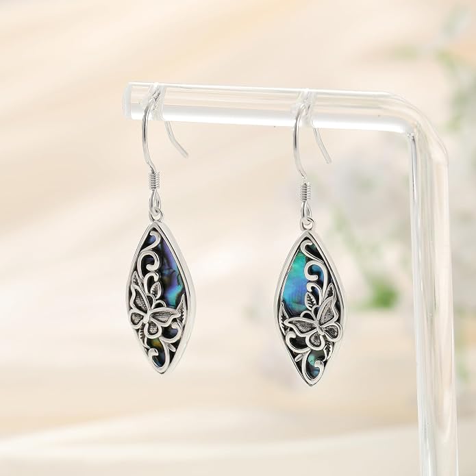 Sterling Silver Abalone Shell Filigree Dangle Drop Earrings Bohemia Jewelry Gift for Women Mother Mom