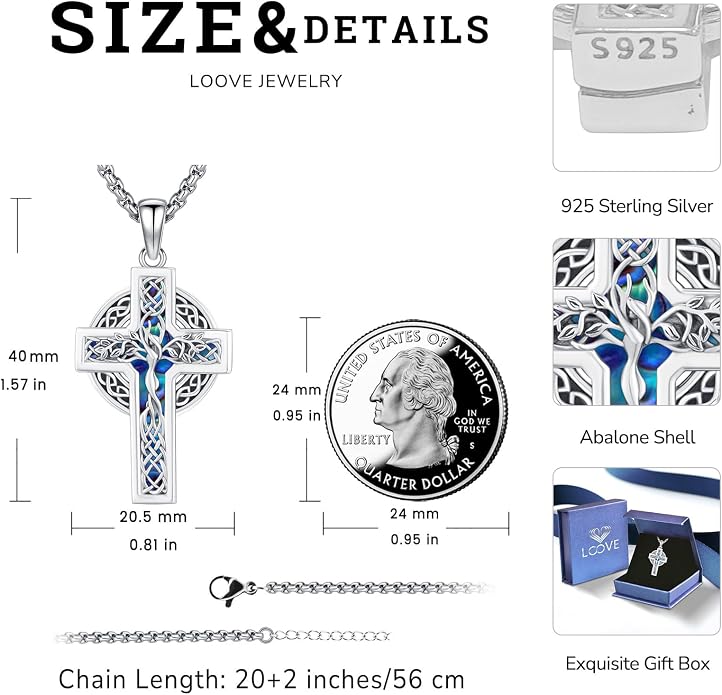 Celtic Cross Tree of Life Necklace for Women Sterling Silver Thor Hammer Tree of Life Pendant Irish Knot Cross Amulet Tree of Life Jewelry