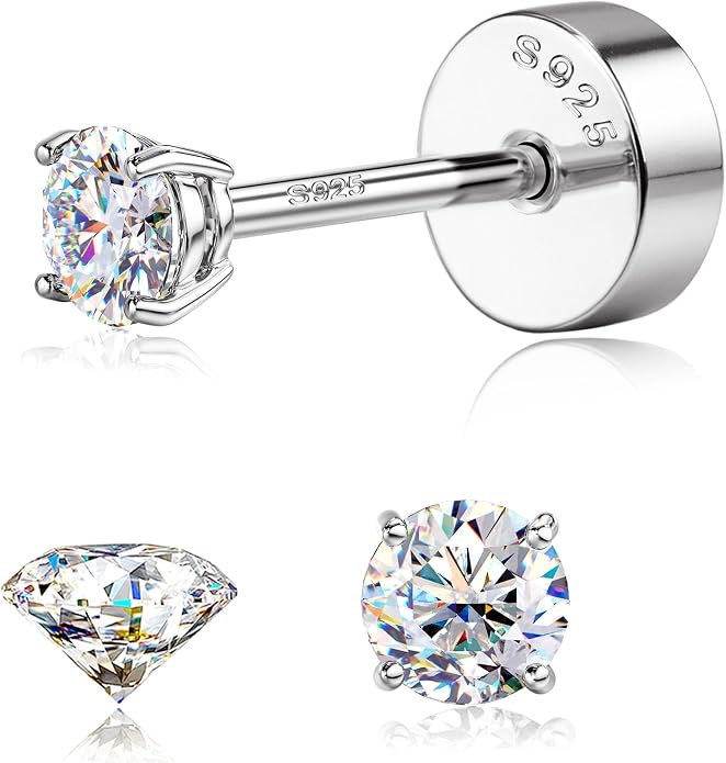 GEMQUEEN Moissanite Earrings Studs : 18K Gold Plated Solid 925 Sterling Silver Stud Earring for Women Men Hypoallergenic Dainty Moissanite Jewelry for Sensitive Ears Round Cut D Color VVS1 2-7.5mm