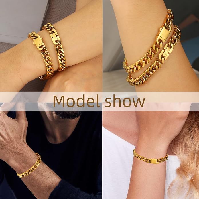 CaptainSteeL 2Pcs Cuban Link Chain Bracelet Set - Stainless Steel Bracelet, Gold Plating, Fashion Jewelry for Men, Women, Boyfriend, Lover, 7.5/8.3/9 Inches