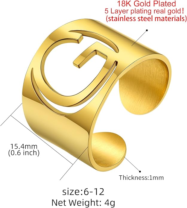 KeyStyle Bold Initial Letter Rings Adjustable, GoldChic Jewelry Women Gold Statement Ring Personalized Engraved Women’s Open Signet Ring for Party (Gold, White Gold, Black)
