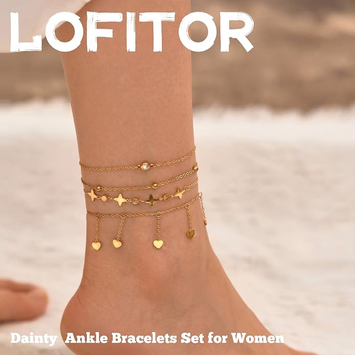 LOFITOR Ankle Bracelets for Women Glitter Waterproof Adjustable Anklet Set for Women 18K Gold Plated Silver Charm Dainty Layered Anklets, Summer Beach Anklet Jewelry for Women