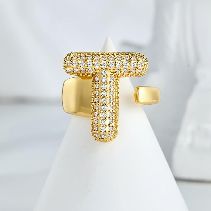 Cicy Bell Initial Rings for Women 14k Gold Plated Cubic Zirconia Delicate Letter Chunky Statement Open Rings Gifts for Her