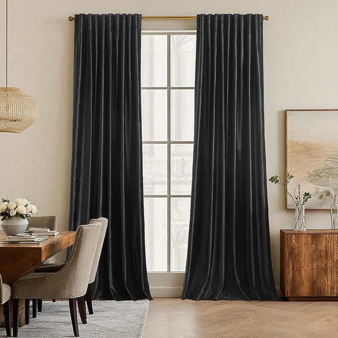 Black Blackout Velvet Curtains 72 inch for Living Room,Full Blackout Elegant 2 Panels Back Tab Thermal Insulated Room Darkening Liner Curtain Heavy Noice Reducing Soundproof Window Drapes for Bedroom