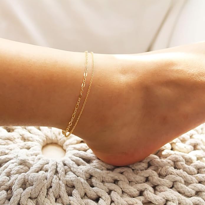 MEVECCO Anklet for Women Gold Chain 14K Gold Plated Dainty Boho Beach Summer Simple Foot Jewelry Ankle Bracelet