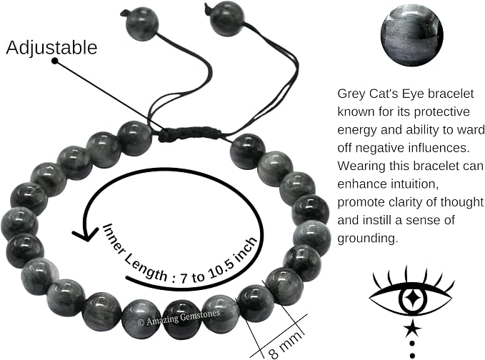 Amazing Gemstone Grey Cats Eye Bracelet, Gifts for Men & Women - Protection Healing Crystal Bracelet - 8mm Gemstone Beaded Adjustable Bracelet, Pulseras para Hombres Mujer Stocking Stuffers