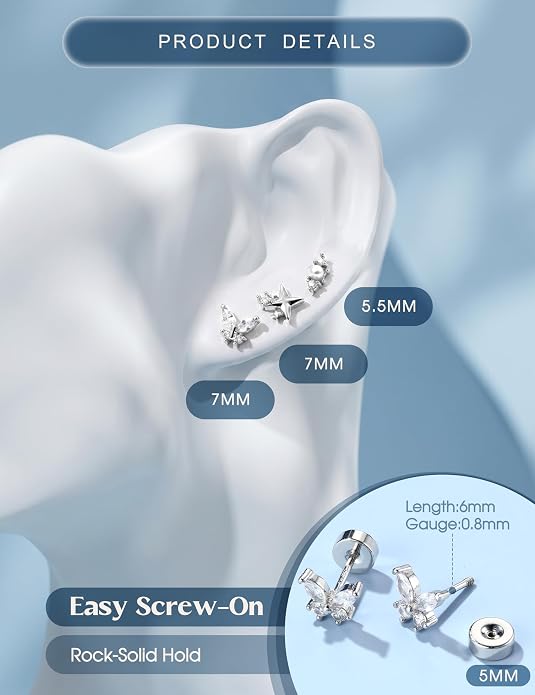 ORAZIO 925 Sterling Silver Flat Back Stud Earrings for Women Hypoallergenic 14K Gold Plated Cartilage Earrings for Sensitive Ears Small CZ Opal Conch Helix Tragus Piercing Jewelry 3 Pairs 20G