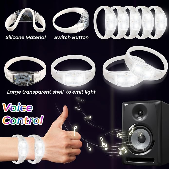 24 Pack Light UP Bracelets Sound Activated Flashing Wristbands Music Control Glow in the Dark Bracelets for Rave Game Prizes Carnival Concerts Night Events Mardi Gras Party Favors