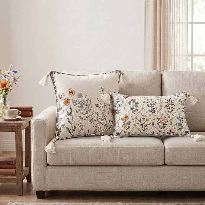 ISAENNE Designer Linen Throw Pillow Cover,Set of 2,18"x18"-Serenity D | Vintage French Elegant Square Decor Pillow Cover,Concealed Zipper Design,Light Beige,Sofa,Bedroom,Living Room,Chairs
