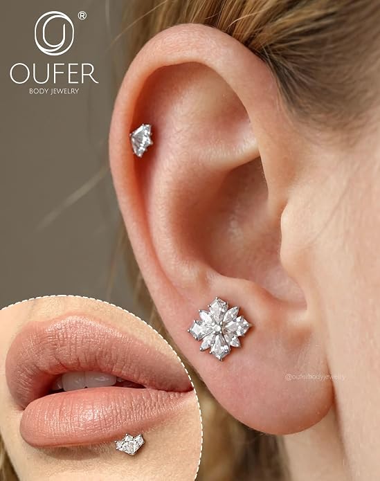 OUFER Body Piercing Titanium Cartilage Earrings 16G Flower Helix Earrings for Women Internally Thread Tragus Piercing Jewelry 8MM Conch Helix Tragus Stud Flat Back Cartilage Piercings for Women