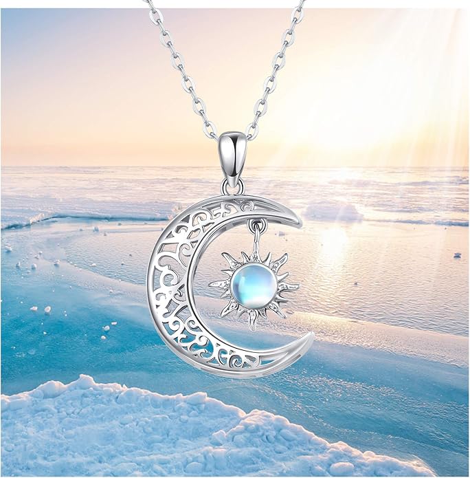 TRISHULA Moon Star Necklace, 925 Sterling Silver Crescent Moon Sun Pendant with Moonstone Crescent Jewelry Gift for Her Sister Birthday Christmas