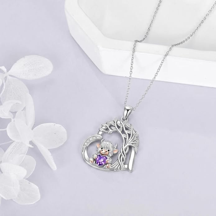 PELOVNY Teddy Bear Necklace for Women 925 Sterling Silver Bear/Highland Cow/Fox/Cat/Axolotl Birthstone Necklace Christmas Birthday Jewelry Gifts for Mom Daughter Wife Sister