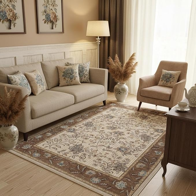 GarveeHome 5x7 Area Rug French Brown Washable Rugs for Living Room Bedroom, Soft Low Pile Non Slip Accent Floor Mat Botanical Floral Print Throw Rug Indoor Carpet Dining Room Playroom