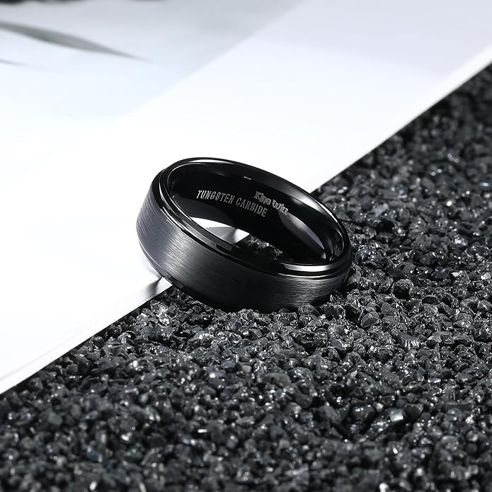 King Will Classic Tungsten Wedding Band for Men, 6/7/8/9/10mm Widths, Polished Finish Step Edge Matte Rings Comfort Fit