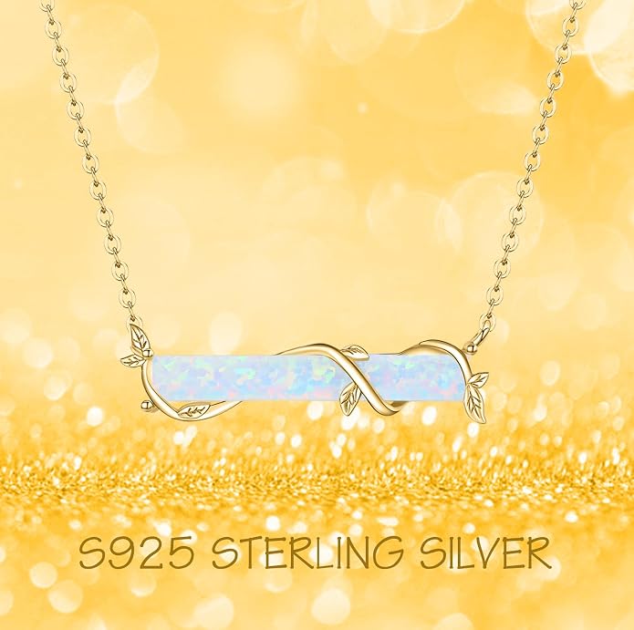 Bar Opal Leaf Necklace For Women S925 Sterling Silver White Opal Pendant with Leaf Charm Bar Pendant Jewelry Gift For Mom Daughter Wife