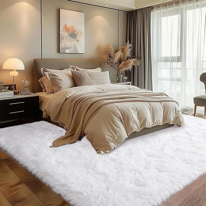 Dssimo White Fluffy Rugs for Living Room Bedroom, 8x10 Shaggy Area Rug ﻿ | Large Non-Slip Cream Area Rug for Nursery Kids Room Dorm Room Home Decor, Indoor Plush Floor Carpet