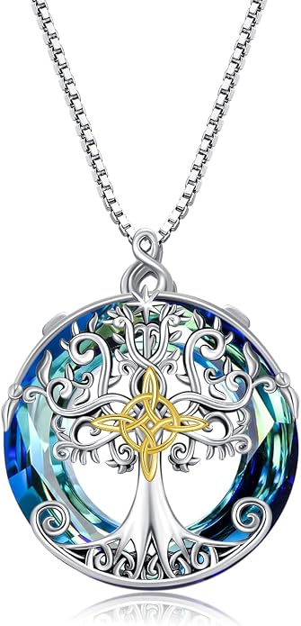 TOUPOP Tree of Life Necklace 925 Sterling Silver Celtic Knot Tree Pendant Jewelry with Blue Crystal Christmas Gifts for Women