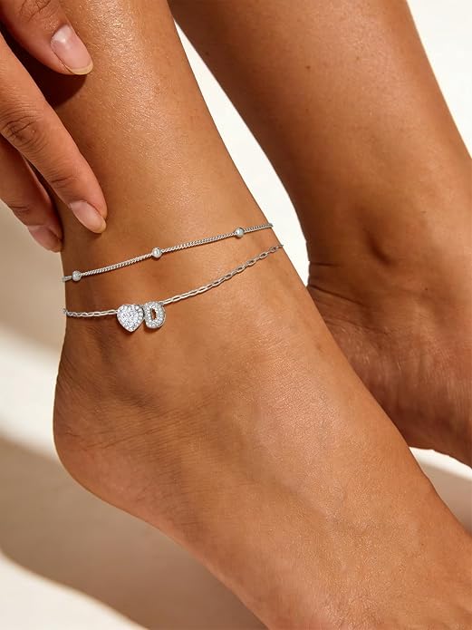 FindChic Silver/14K Gold Plated Layered CZ Initial Ankle Bracelet for Women | Waterproof Stainless Steel, Cubic Zirconia Letter Charm, Non-Tarnish, Hypoallergenic, Adjustable Extender, Summer Jewelry