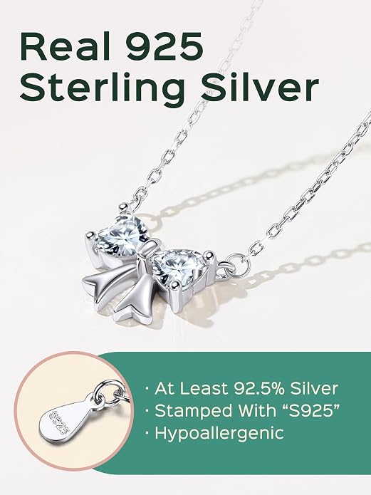 ChicSilver Bow and Cat Birthstone Necklace, 925 Sterling Silver Pendant Necklaces for Women, Hypoallergenic Silver Choker with 16 inch Rolo Chain, 12 Months Jewelry for Valentines Mothers Day Christmas