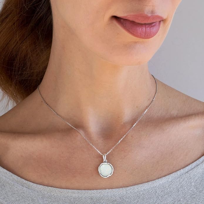 ADITA GOLD 925 Sterling Silver White Opal Necklace, Dainty 12mm Round Gemstone Pendant, October Birthstone Bridal Wedding Jewelry, Handmade Vintage Statement Jewel for Classy Brides and Women
