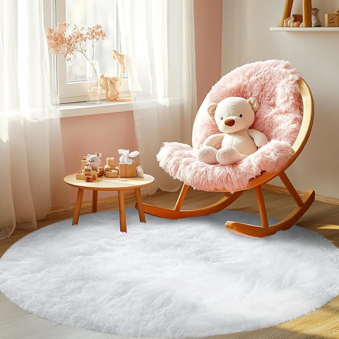 Round Rugs for Bedroom White : 3ft Fluffy Circle Area Rug for Kids Room- Furry Fuzzy Carpet for Girls Room- Soft Plush Rug for Dorm, Baby Rug