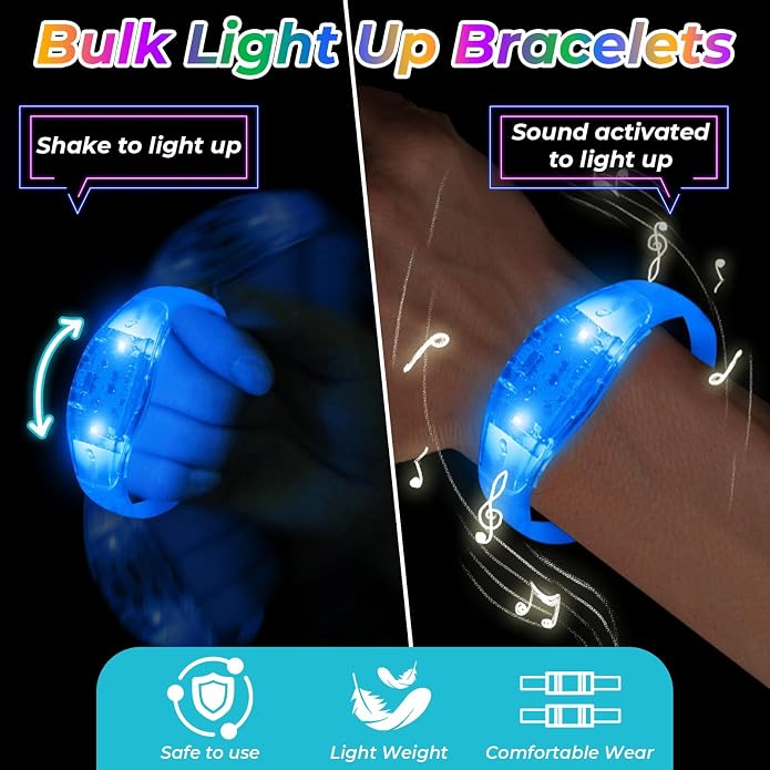 24 Pack Light UP Bracelets Sound Activated Flashing Wristbands Music Control Glow in the Dark Bracelets for Rave Game Prizes Carnival Concerts Night Events Mardi Gras Party Favors