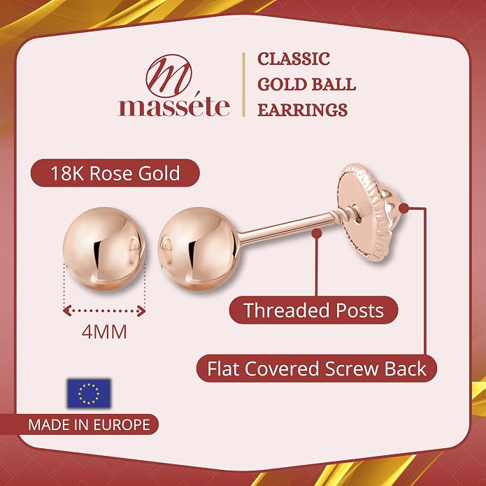 MASSETE Gold Ball Stud Earrings for Women and Girls Screwback | 10k, 14k, 18k | White Yellow or Rose Gold | 3mm 4mm 5mm | Nickel Free