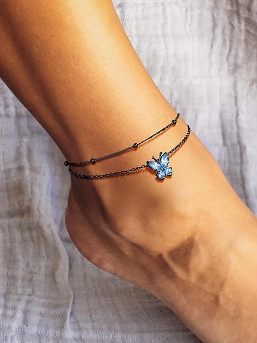 Richsteel Double Layer Heart/Butterfly Birthstone Anklet for Women Non Tarnish Waterproof, Silver/Gold/Black Stainless Steel 8.5-10.5 Inch Adjustable Chain Anklets Jewelry Gifts for Her