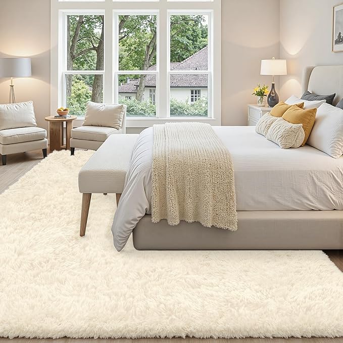 5x7 Area Rug for Living Room, Ultra Soft Fluffy Shag Rugs for Bedroom, Non-Slip Large Fuzzy Plush Rug Indoor Floor Carpet for Nursery Kids Office Dorm Modern Decor, Cream White