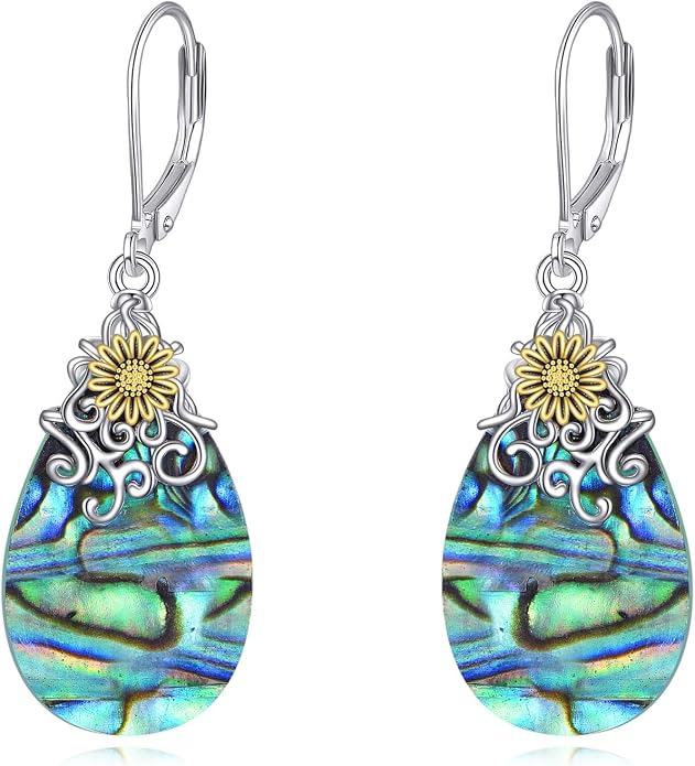 POPLYKE Dragonfly Butterfly Hummingbird Sunflower Earrings 925 Sterling Silver Abalone Shell Moonstone Leverback Earrings Jewelry