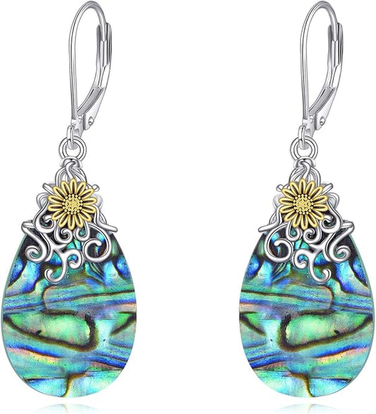 POPLYKE Dragonfly Butterfly Hummingbird Sunflower Earrings 925 Sterling Silver Abalone Shell Moonstone Leverback Earrings Jewelry