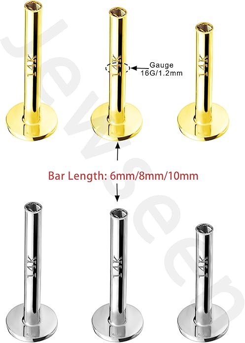 Jewseen 14K Gold Internally Threaded Bar,Flat Back Earrings,Nose Ring,Cartilage Stud,Lip Piercing Flat Back Stud Helix Stud Conch Stud Cartilage Stud 16g 6mm 8mm 10mm Replacement-Post Only