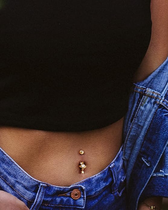 COCHARM 14K Gold Belly Button Rings Saturn Star 14K Yellow Gold Belly Rings for Women 10MM 14k Gold Barbell 14k Belly Navel Belly Piercing Jewerly