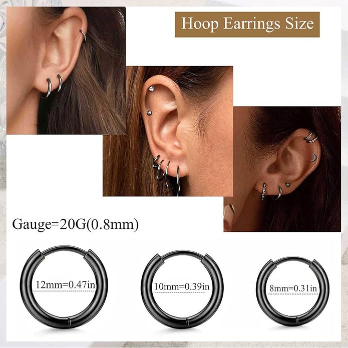 Jstyle 23 Pairs Black Hypoallergenic Stainless Steel Earrings Set Flat Back Studs and Hoops for Sensitive Ears 20G Cartilage Helix Tragus Lobe Piercing Jewelry for Women Men