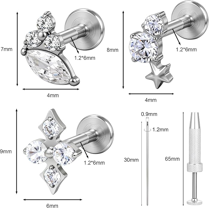 G23 Titanium 18K Gold Filled 16G Cartilage Earring 3PCS | Flat Back, 6mm 8mm, Conch Helix Tragus Lobe, Stud Labret Piercing Jewelry, For Women