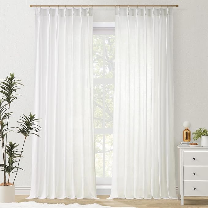Topfinel Home White Pinch Pleated Semi Sheer Curtains Textured Linen Blended Light Filtering Window Curtains 108 inch for Living Room Pinch Pleat Drapes with Hooks 2 Panels 40" Wx108 L