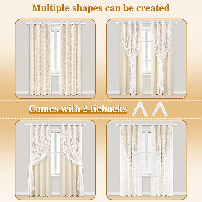 Yinhua Blackout Curtains for Bedroom Double Layer Beige Curtains for Living Room 84 Inches Long Nursery Curtain with Tiebacks, Thermal Insulation Grommet Drapes for Toddler, 52" W x 84" L