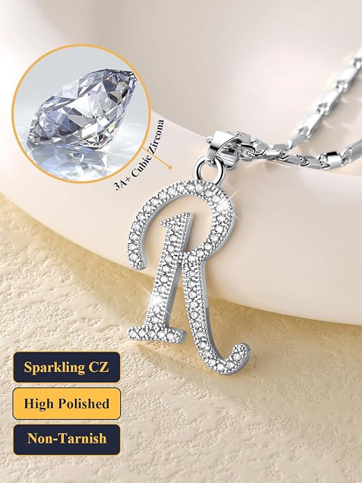 U7 Initial Necklace for Women, Gold/Platinum Plated CZ Crystal Letter A-Z Pendant Necklace, Shiny 20 Inch Name Chain Dainty Personalized Jewelry for Men Mom Wife Friend