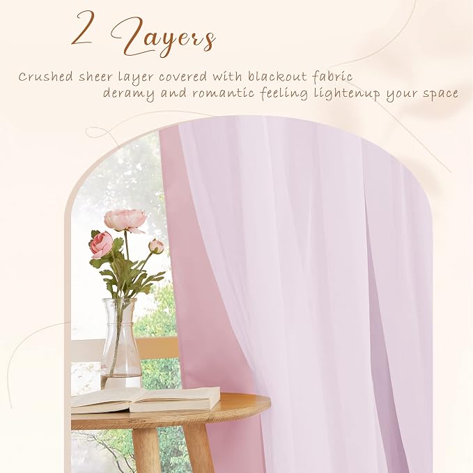 PONY DANCE Short Pink Curtains - Light Block Drapes with Sheer Layer Mix & Match Voile Drapes Decoration for Baby Girls Bedroom, 52 W x 63 L, Light Pink, 2 PCs