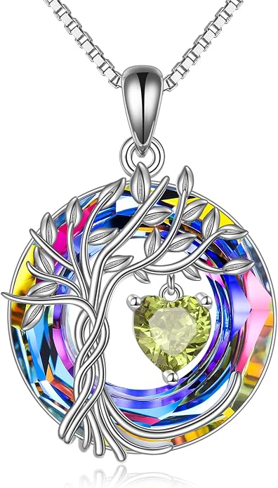 POPLYKE Mothers Day Gifts for Mom Her Wife Tree of Life Necklace 925 Sterling Silver Birthstone Pendant with Crystal Anniversary Birthday Wedding Jewelry for Women