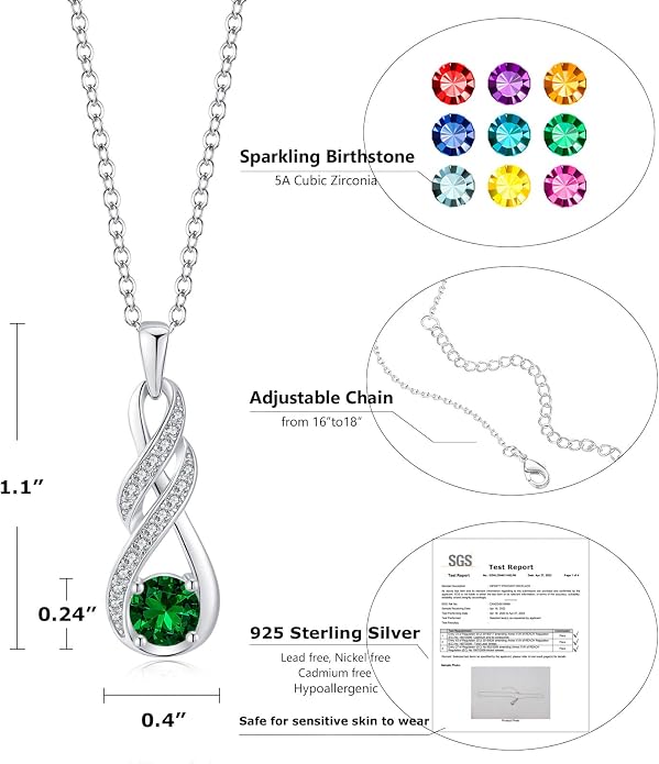 Birthstone Necklaces for Women 925 Sterling Silver Infinity Pendant Created Gemstone Jewelry for Her, 16"+2"