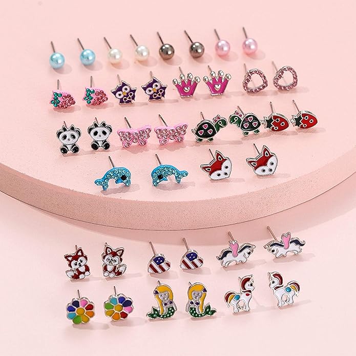 NEWITIN 100 Pairs Colorful Cute Earrings for Girls Sensitive Ears Hypoallergenic Girl Stud Earrings Set Stainless Steel Cartoon Stud for Girls and Women