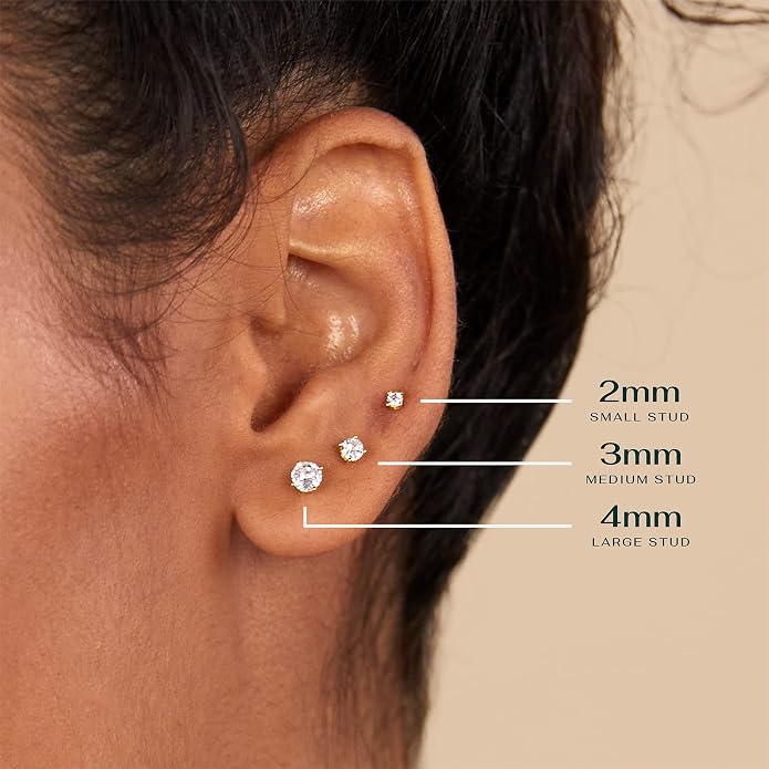 PAVOI 14K Gold Plated Solid 925 Sterling Silver Post Cubic Zirconia Stud Flat Back Earrings for Women | Cartilage Earring | Helix Piercing Jewelry | Small Stud Earrings for Women
