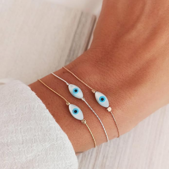 Minimalist Evil Eye Charm Bracelet – Handmade Delicate Good Luck Jewelry for Women – Adjustable 6.5” + 1” Extender