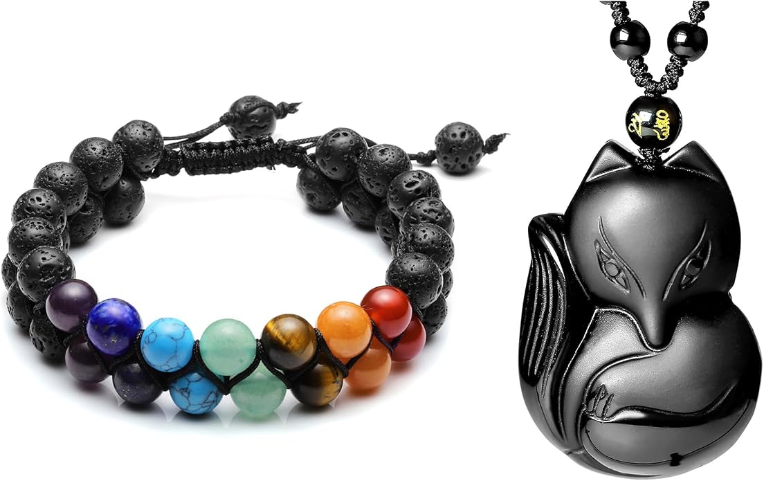 Top Plaza Bundle – 2 Items: 7 Chakra Bracelet & Black Obsidian Fox Necklace
