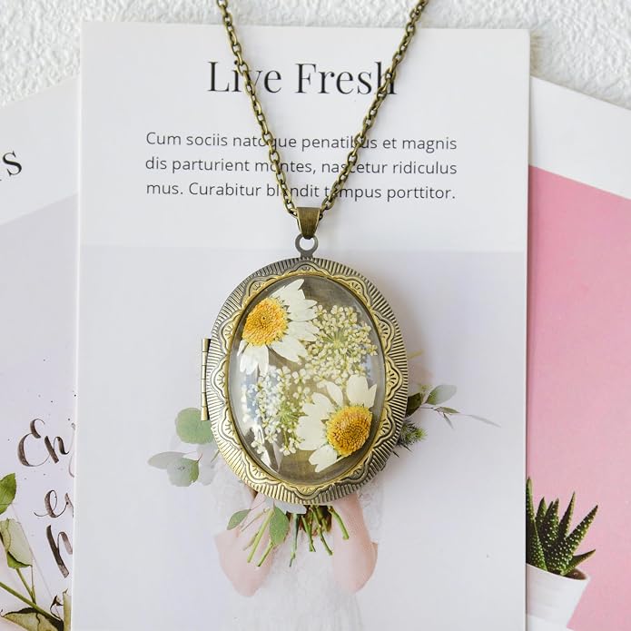 Vintage Photo Locket Necklace Handmade Pressed Flower Locket Necklace for Women