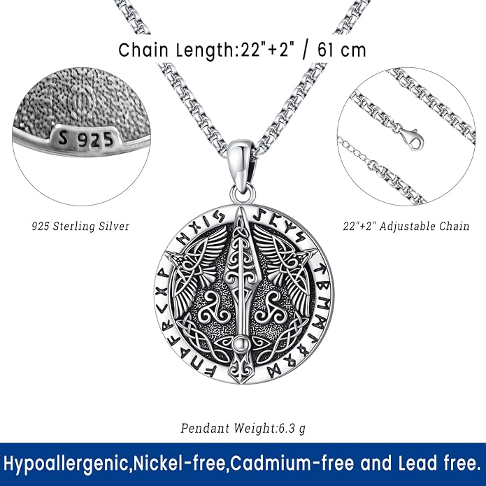 Eusense Viking Jewelry for Men Women Sterling Silver 925 Mjolnir Thors Hammer Pendant Celtic Cross Necklace Wolf Odin Raven Freya Goddess Norse Pagan Compass Vegvisir Yggdrasil Nordic Viking Necklaces Gifts