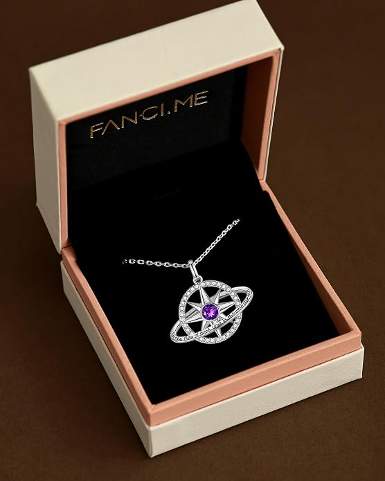 FANCIME Stellar Promise Birthstone Necklace for Women White Gold Plated Sterling Silver Planet Star Pendant Fine Jewelry Anniversary Birthday Mothers Day Gifts for Women Wife Friend Her
